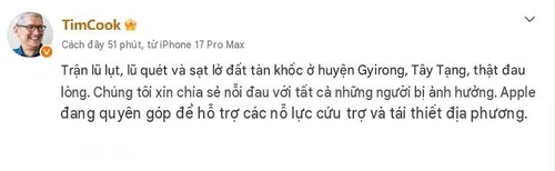 CEO Apple Tim Cook gửi lời chia buồn đến trên mạng xã hội Weibo. Ảnh: