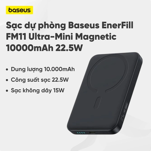 Sạc dự phòng Baseus EnerFill FM11 Ultra-Mini Magnetic 10000mAh 22.5W Cable Type-C to Type-C 20V/3A 30cm (LVA054-1V-22) Đen